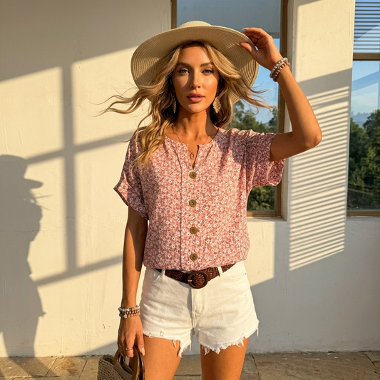 Women’s Floral Blouse with Button Detail and Dolman Short Sleeves