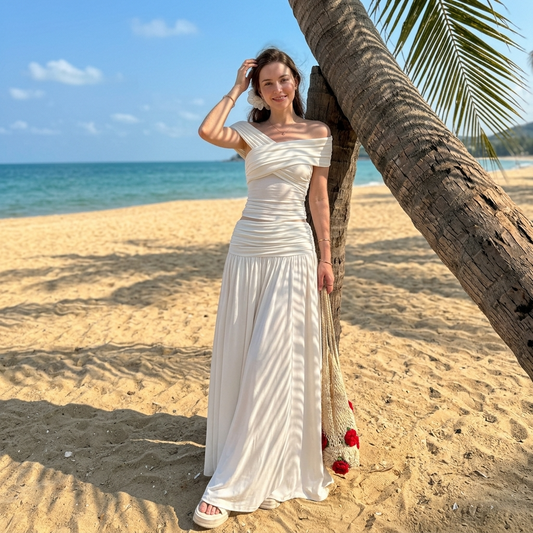 Women’s Maxi Dress with Ruched Off-The-Shoulder Bodice and Flowing Skirt