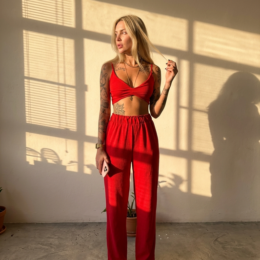 Women's 2-Piece Boho Set with Butterfly Print Crop Top and Wide Leg Pants