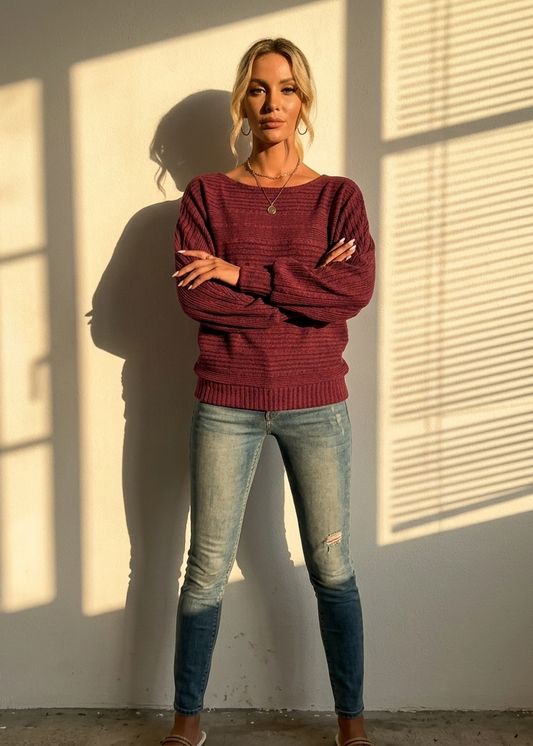 Women’s Knit Sweater with Horizontal Ribbing and Batwing Sleeves