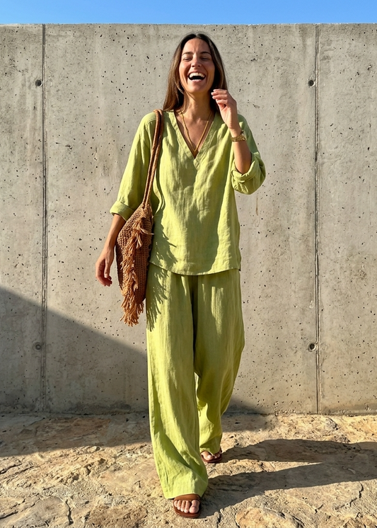 Women's Linen Cotton Two Piece Set with V-Neck Tunic and Wide Leg Pants