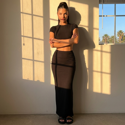 Women’s 2-Piece Maxi Set with Short Sleeve Crop Top and High Waisted Skirt