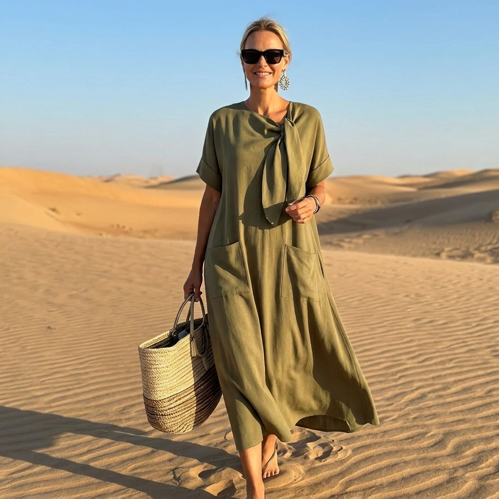 Women’s Maxi Dress with Tie-Knot Neckline and Oversized Pockets