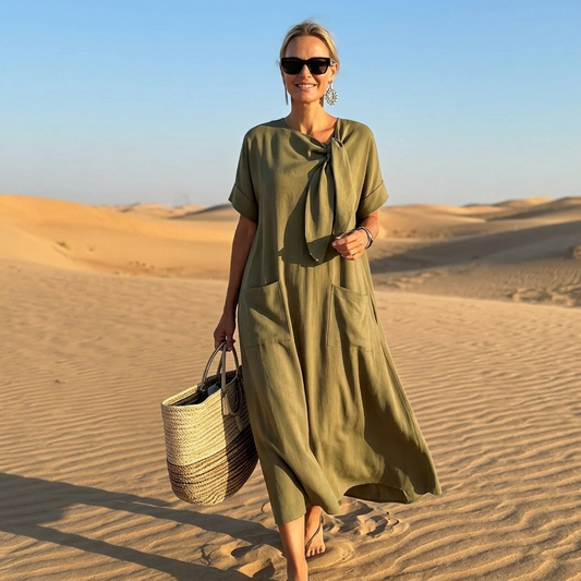 Women’s Maxi Dress with Tie-Knot Neckline and Oversized Pockets