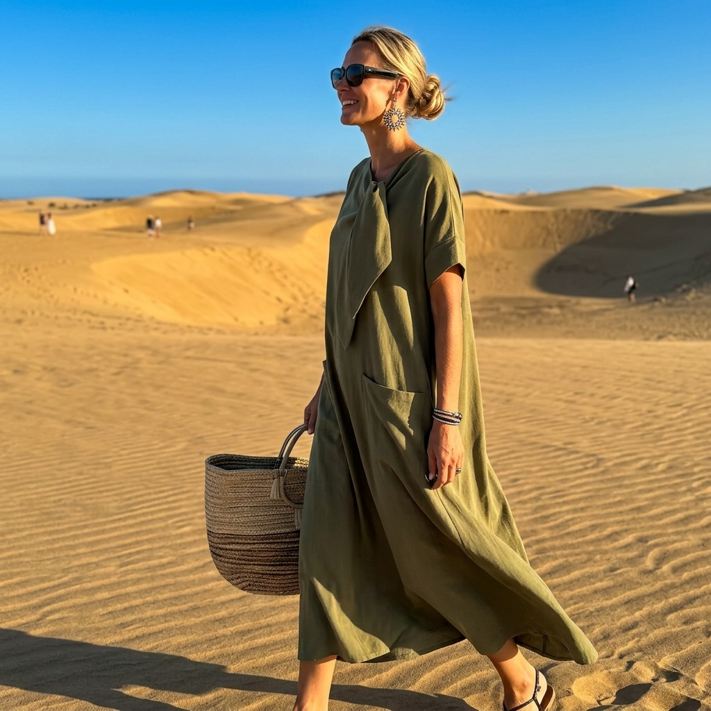 Women’s Maxi Dress with Tie-Knot Neckline and Oversized Pockets