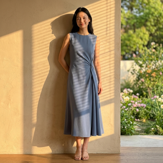 Women’s Midi Jersey Dress with Twist Front Detail and Sleeveless Silhouette