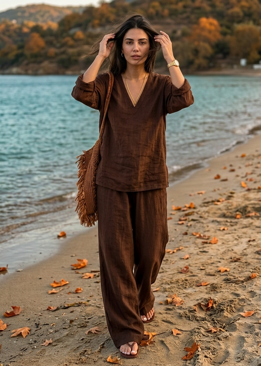 Women's 2-Piece Pant Set with V-Neck Tunic and High Waisted Wide Leg Trousers