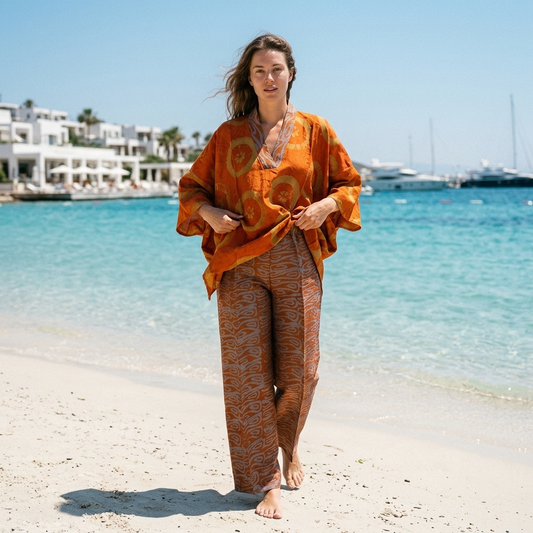 Women’s 2-Piece Pant Set with Kimono Style Tunic and Wide Leg Trousers