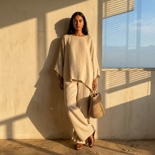 Women's 2-Piece Pant Set with Batwing Sleeve Tunic and Palazzo Trousers