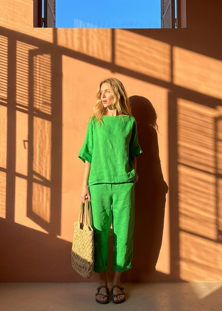 Women'sTwo Piece Linen Set Boat Neck Tunic and Cropped Tapered Pants