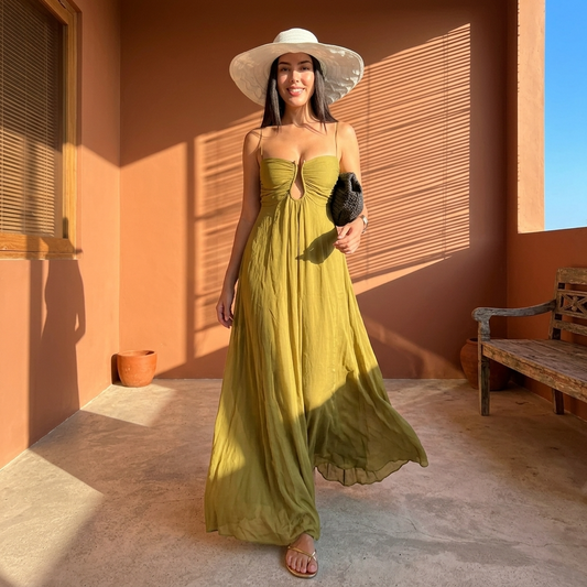 Women’s Spaghetti Strap Maxi Dress with Ruched Bust and Keyhole Cutout