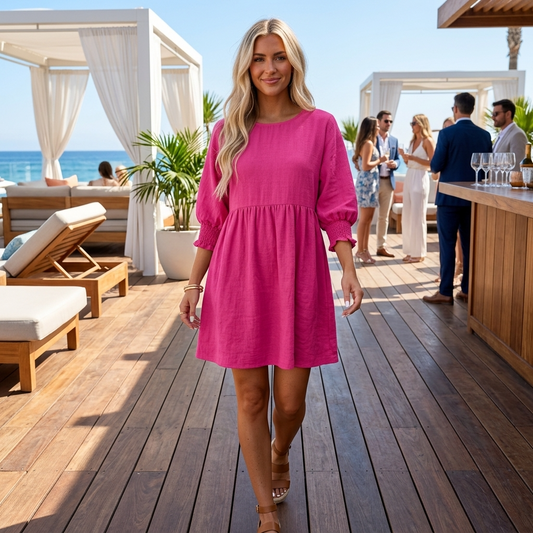 Women’s Babydoll Mini Dress with Smocked Puff Sleeves and Empire Waist