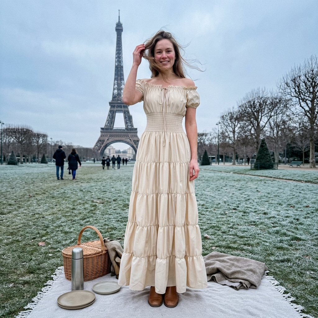 Women’s Maxi Dress with Smocked Waist and Tiered Renaissance Puff Sleeves