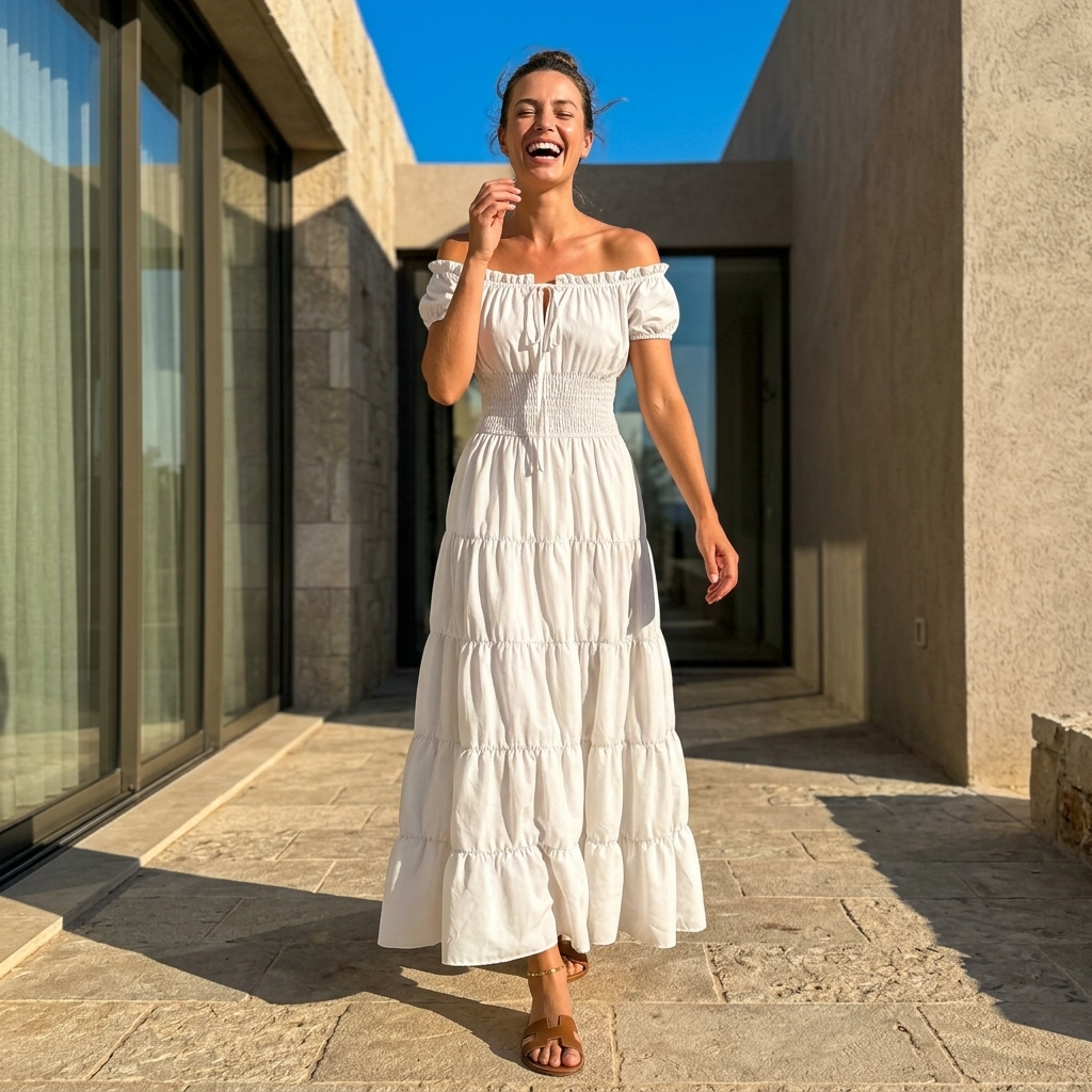 Women’s Maxi Dress with Smocked Waist and Tiered Renaissance Puff Sleeves