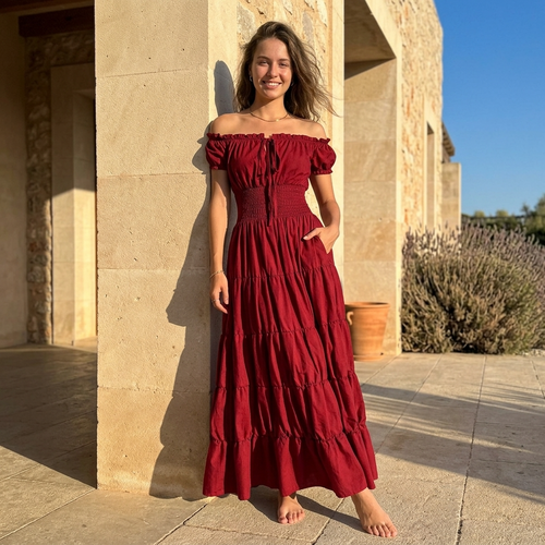 Women’s Maxi Dress with Smocked Waist and Tiered Renaissance Puff Sleeves