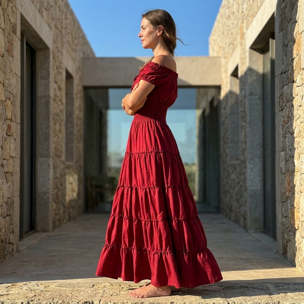 Women’s Maxi Dress with Smocked Waist and Tiered Renaissance Puff Sleeves