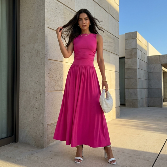 Women’s Sleeveless Maxi Dress with High Neck and Gathered Empire Waist