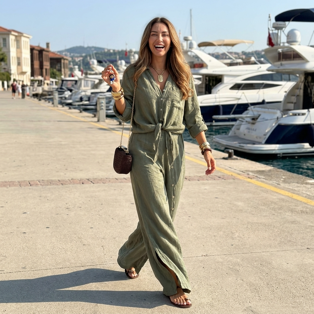 Women’s Two Piece Linen Set with Button Side Wide Leg Pants