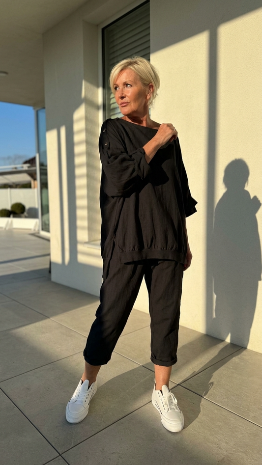 Women’s Two Piece Linen Set Oversized Batwing Tunic and Rolled Cuff Trousers