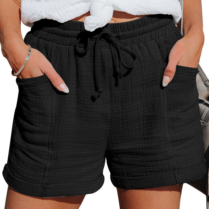 Women’s Cotton Gauze Shorts with Elastic Drawstring Waist and Pockets