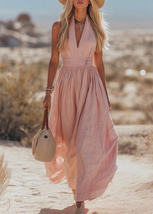 Women’s Halter-neck Maxi Dresses with Deep V-Neck and Ruched Waist