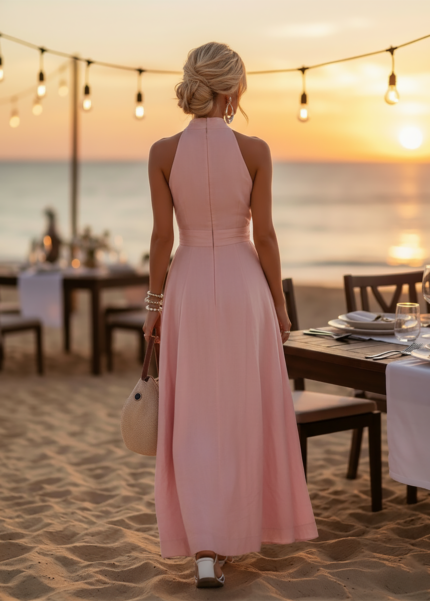 Women’s Halter-neck Maxi Dresses with Deep V-Neck and Ruched Waist