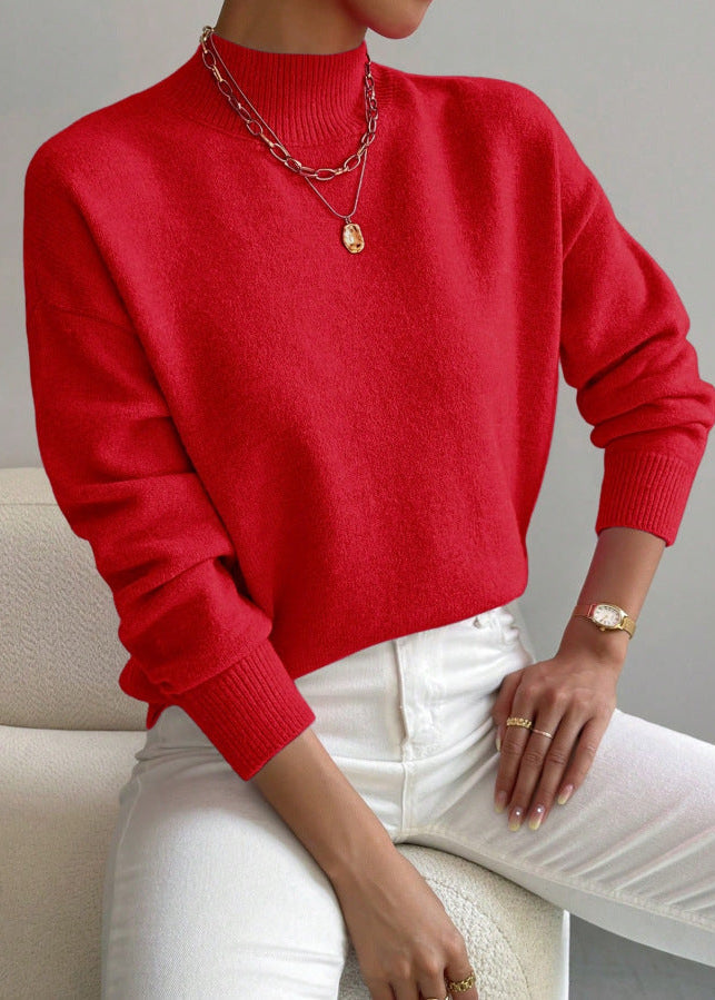 Women¡¯s Wool Blend Mock Neck Pullover with Relaxed Drop Shoulder