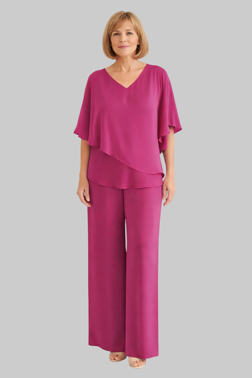 Women’s Two-Piece Set with Asymmetric Tiered Top and Wide-Leg Trousers