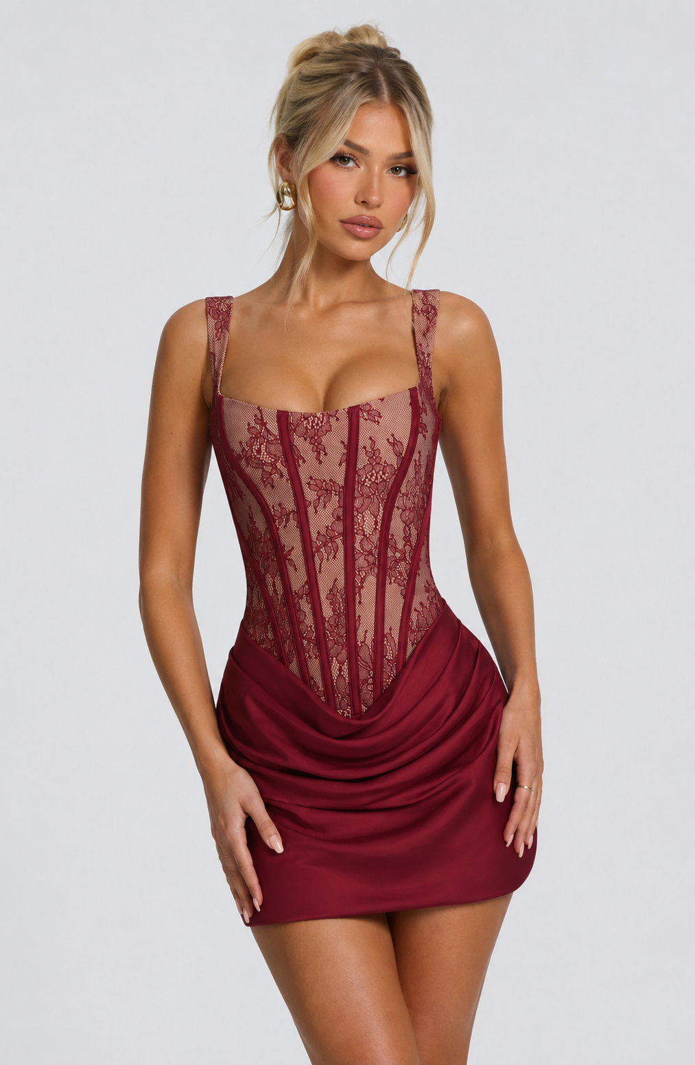 Women's Lace Corset Mini Dress with Draped Satin Skirt for Summer Nights