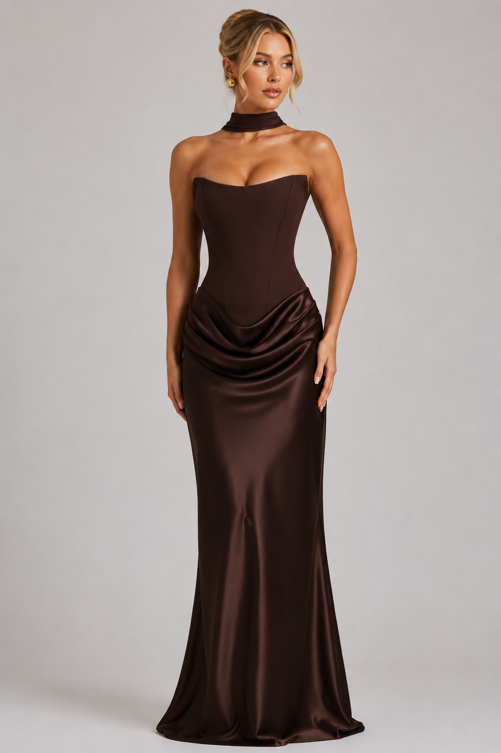 Women's Boned Corset Satin Maxi Dress with High Slit for Evening Elegance