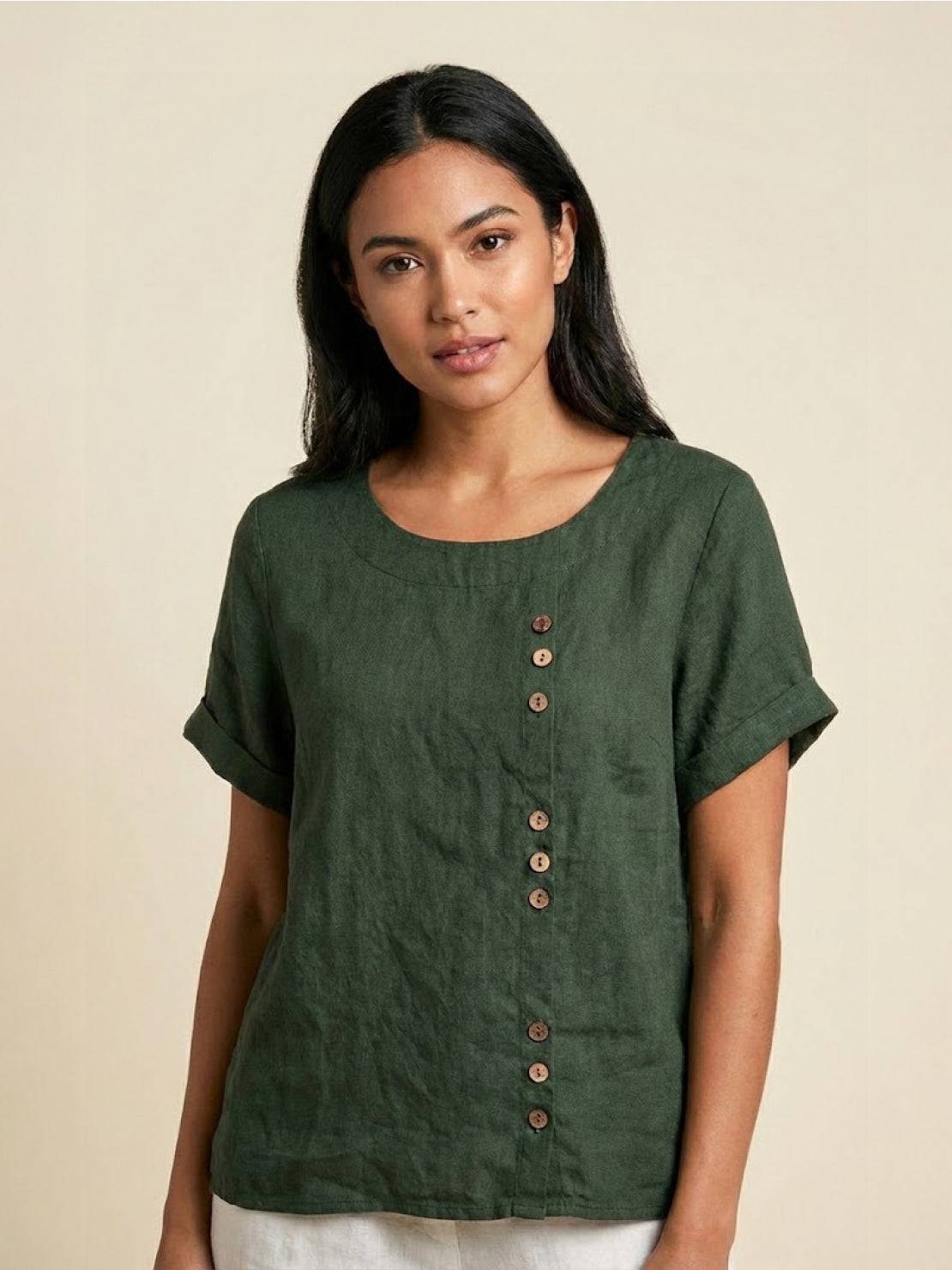 Women’s Short Sleeve Linen Blouse with Scoop Neck and Front Button Detail