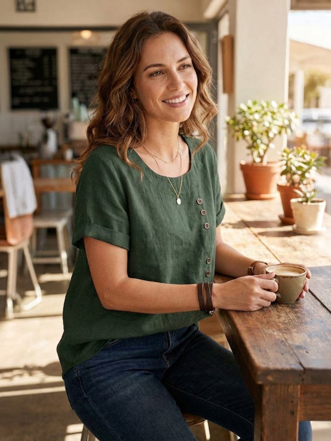 Women’s Short Sleeve Linen Blouse with Scoop Neck and Front Button Detail