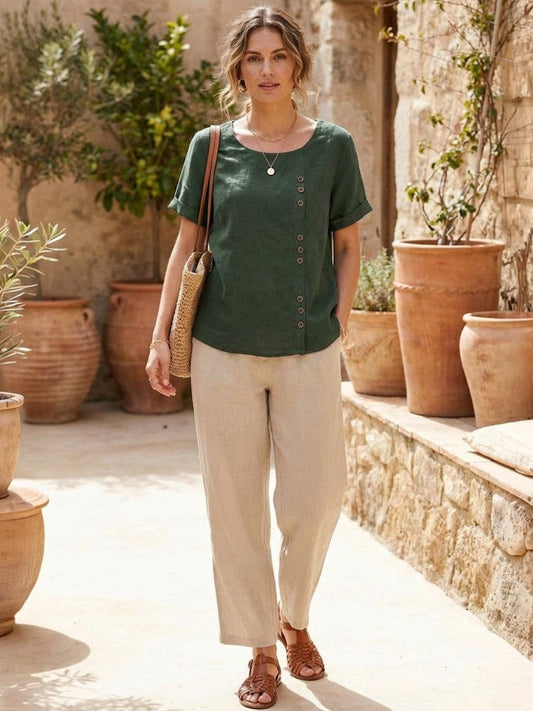 Women’s Short Sleeve Linen Blouse with Scoop Neck and Front Button Detail