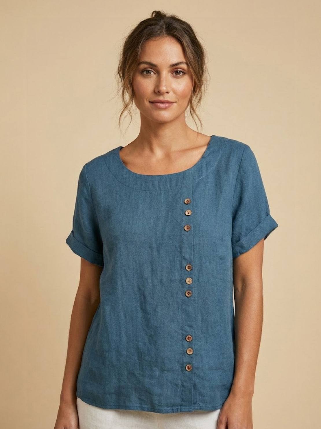 Women’s Short Sleeve Linen Blouse with Scoop Neck and Front Button Detail
