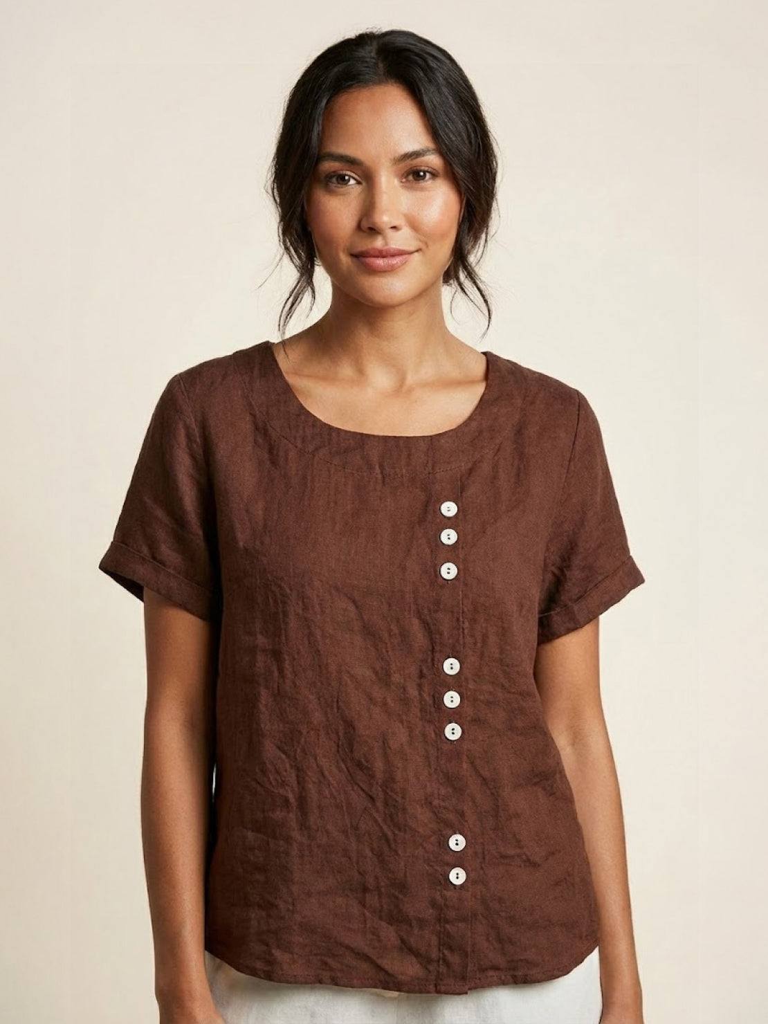 Women’s Short Sleeve Linen Blouse with Scoop Neck and Front Button Detail
