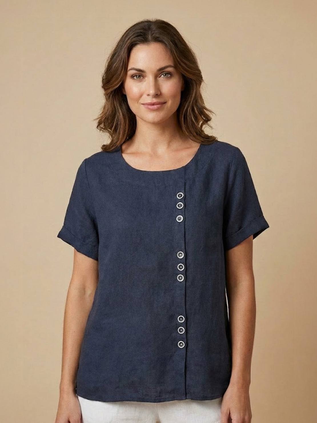 Women’s Short Sleeve Linen Blouse with Scoop Neck and Front Button Detail