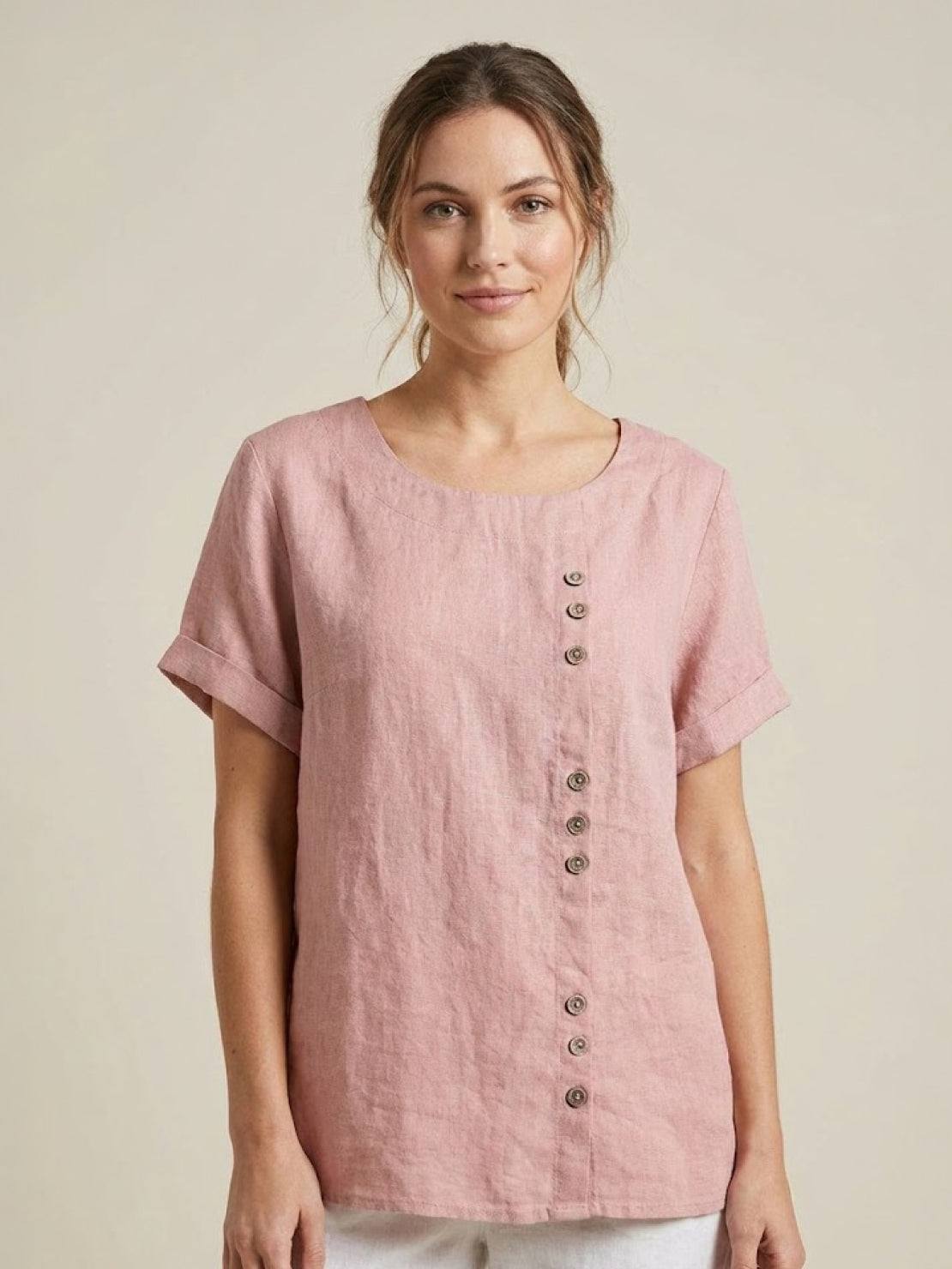 Women’s Short Sleeve Linen Blouse with Scoop Neck and Front Button Detail