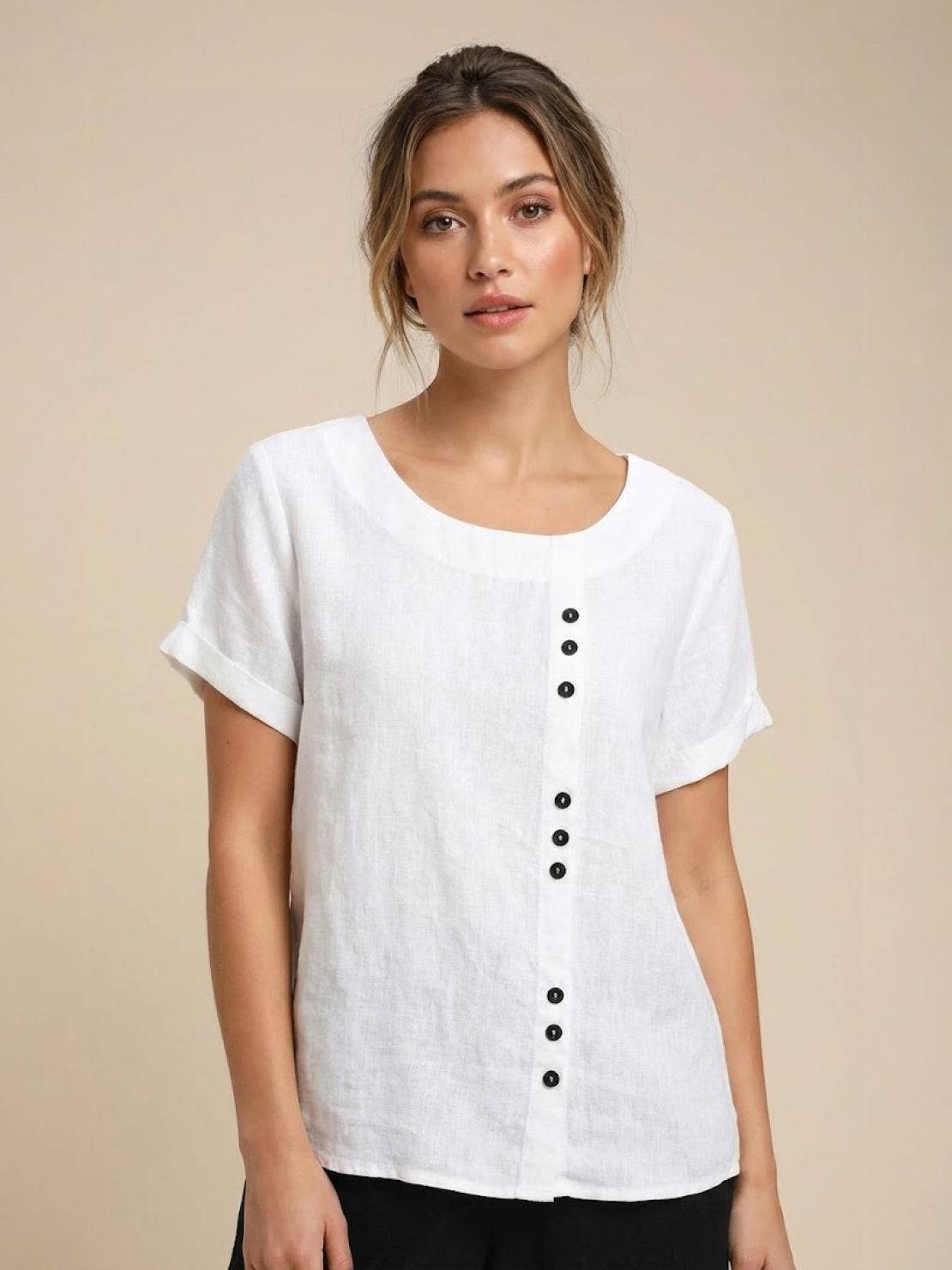 Women’s Short Sleeve Linen Blouse with Scoop Neck and Front Button Detail
