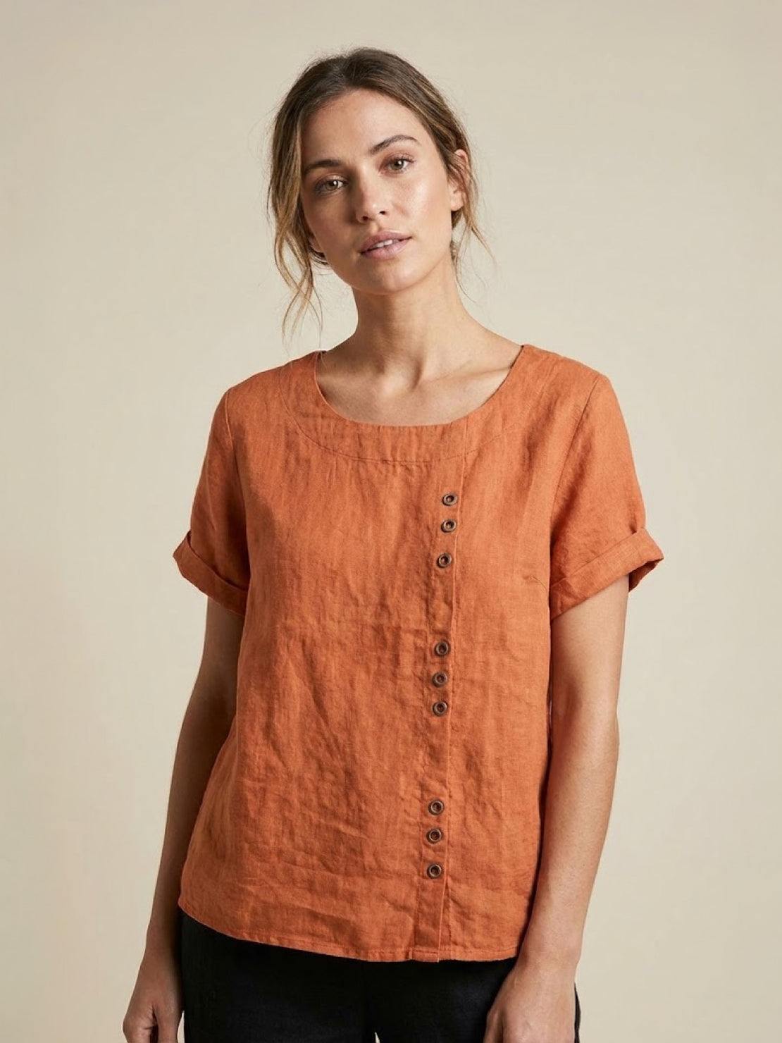Women’s Short Sleeve Linen Blouse with Scoop Neck and Front Button Detail