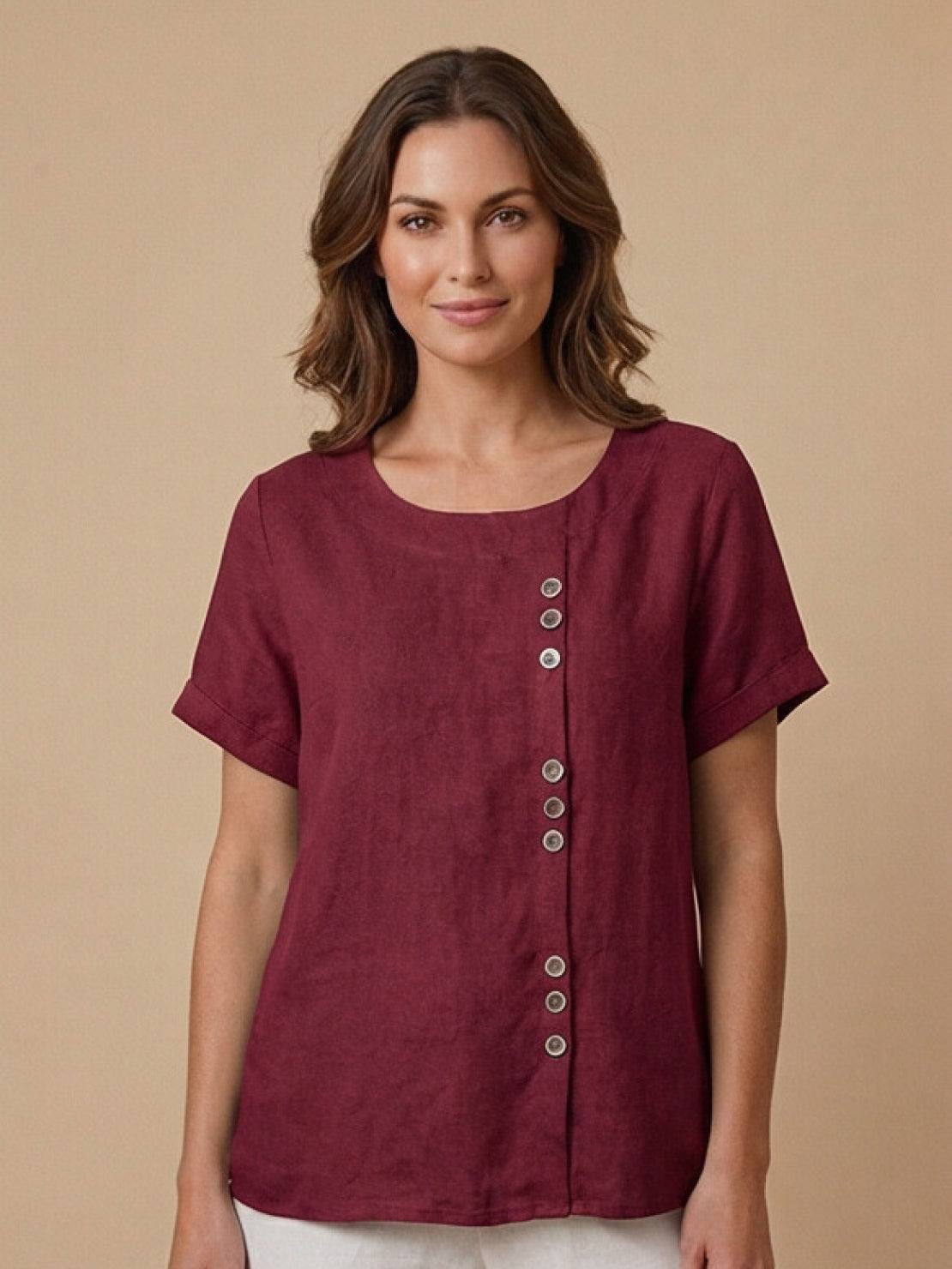 Women’s Short Sleeve Linen Blouse with Scoop Neck and Front Button Detail