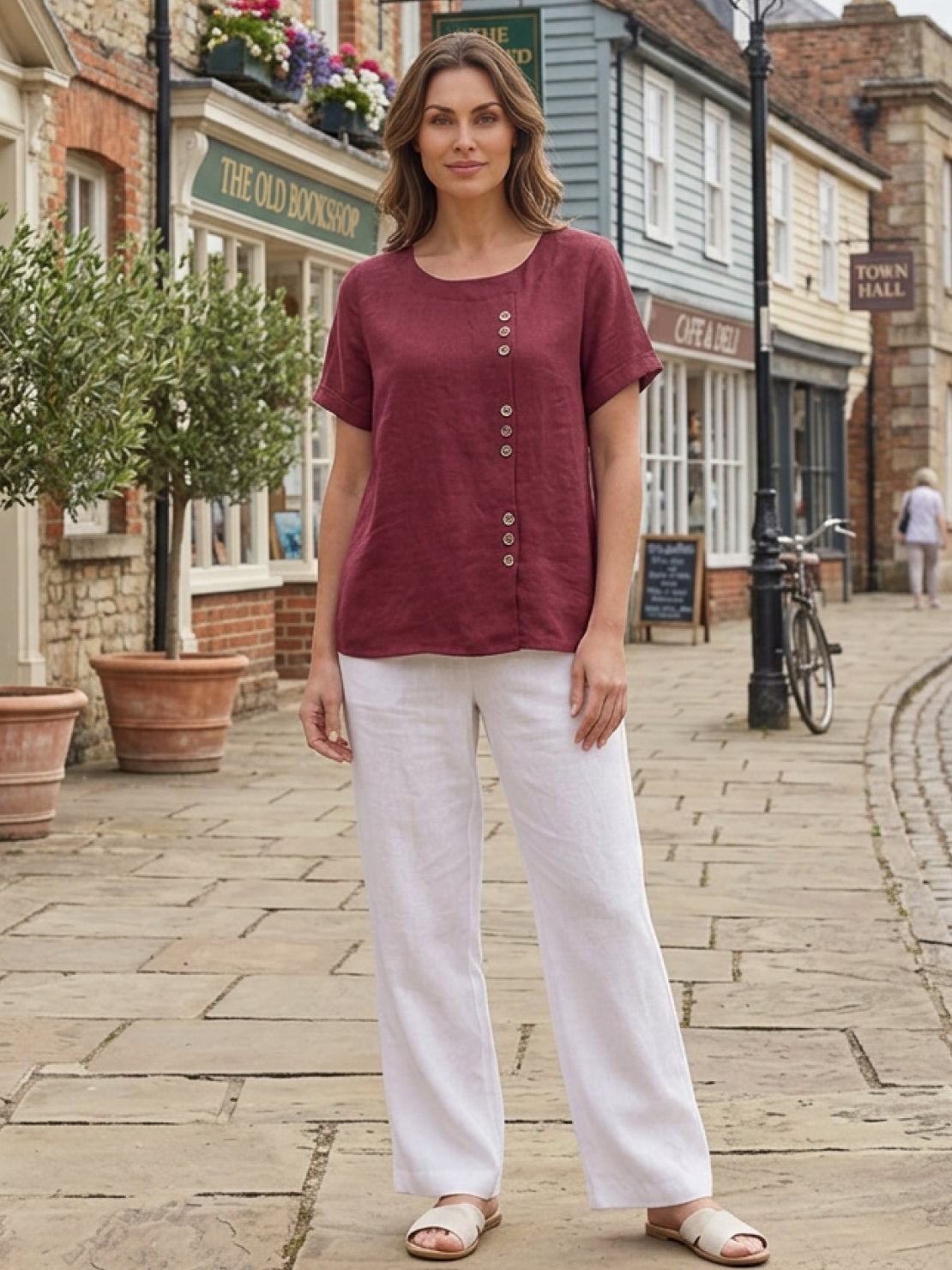 Women’s Short Sleeve Linen Blouse with Scoop Neck and Front Button Detail
