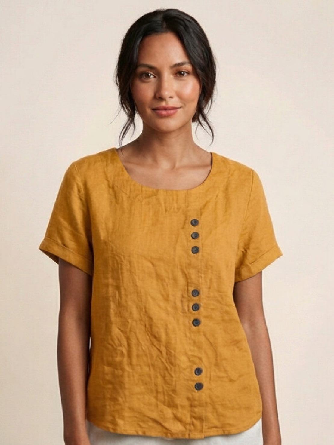 Women’s Short Sleeve Linen Blouse with Scoop Neck and Front Button Detail