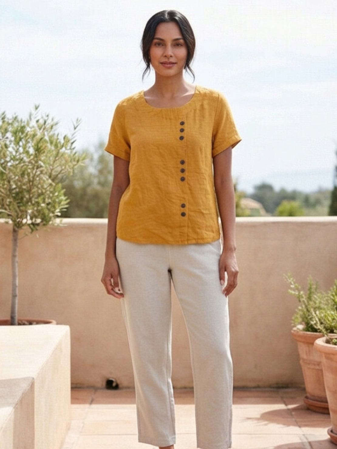 Women’s Short Sleeve Linen Blouse with Scoop Neck and Front Button Detail