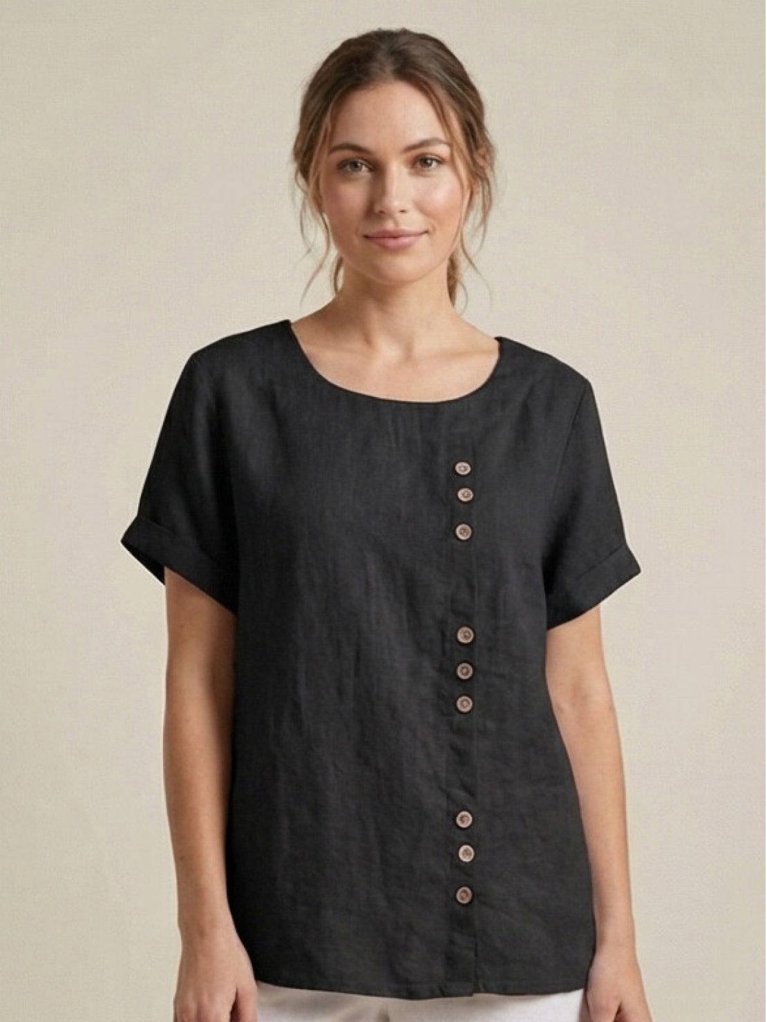 Women’s Short Sleeve Linen Blouse with Scoop Neck and Front Button Detail