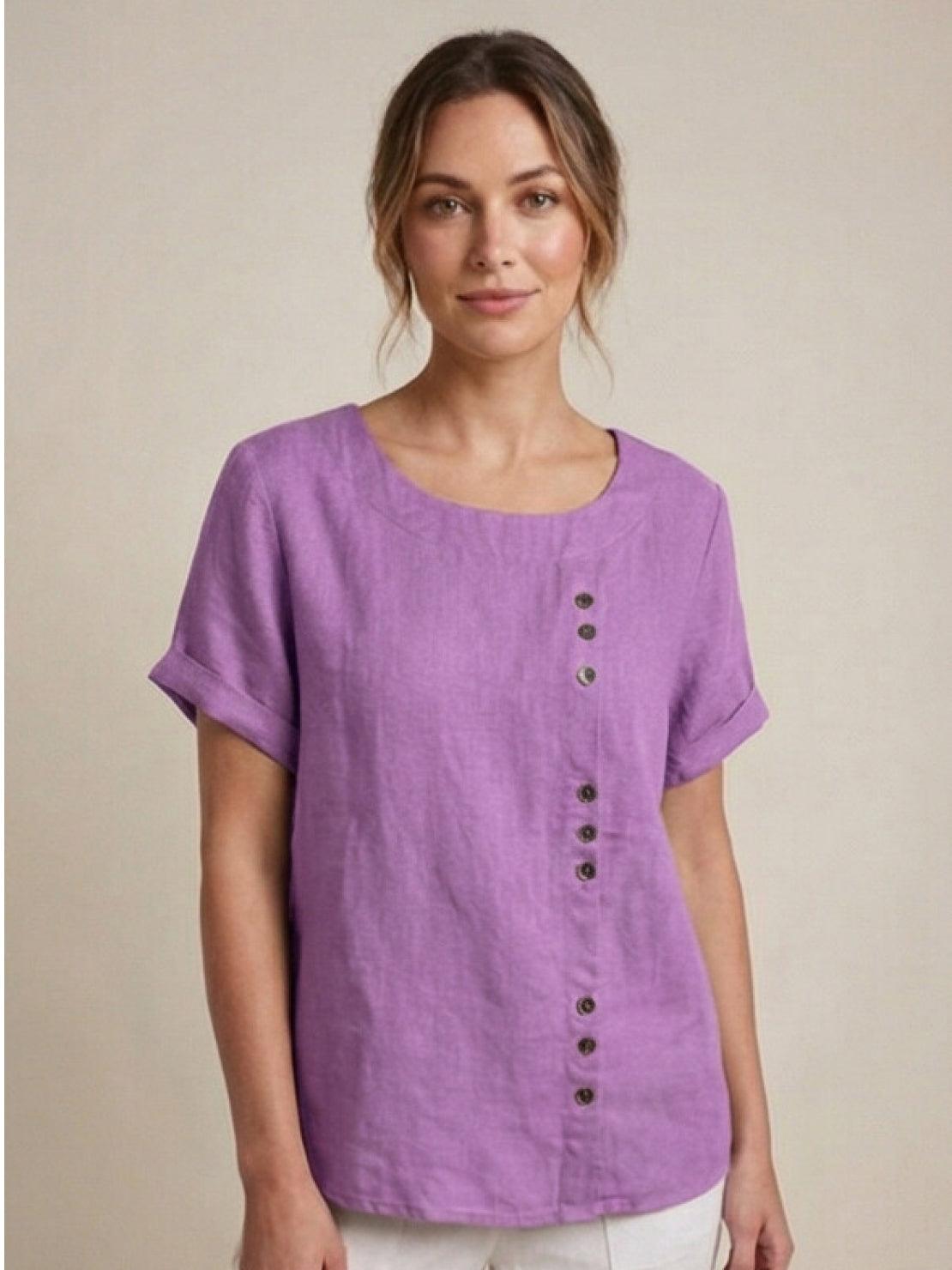 Women’s Short Sleeve Linen Blouse with Scoop Neck and Front Button Detail