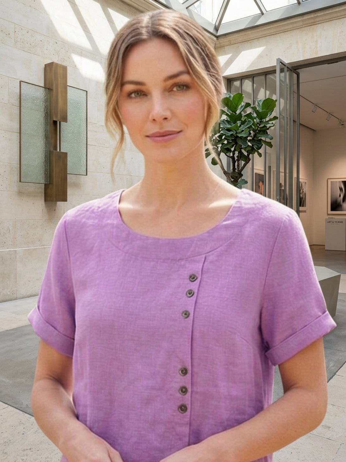 Women’s Short Sleeve Linen Blouse with Scoop Neck and Front Button Detail