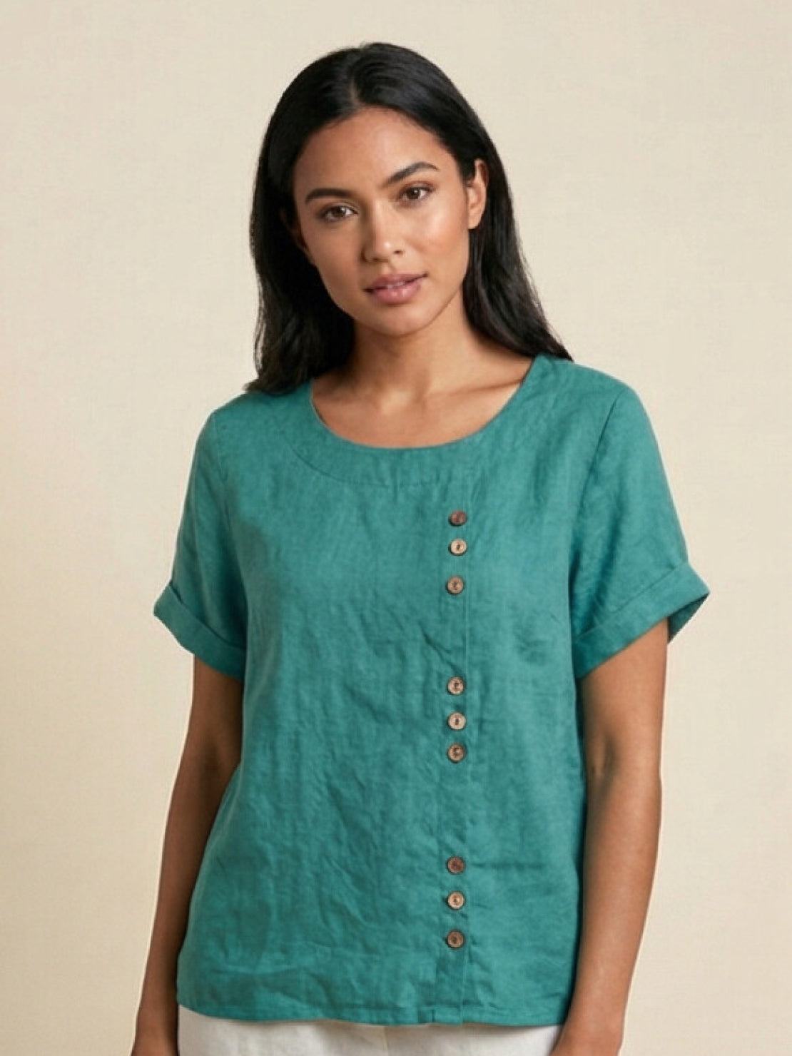 Women’s Short Sleeve Linen Blouse with Scoop Neck and Front Button Detail