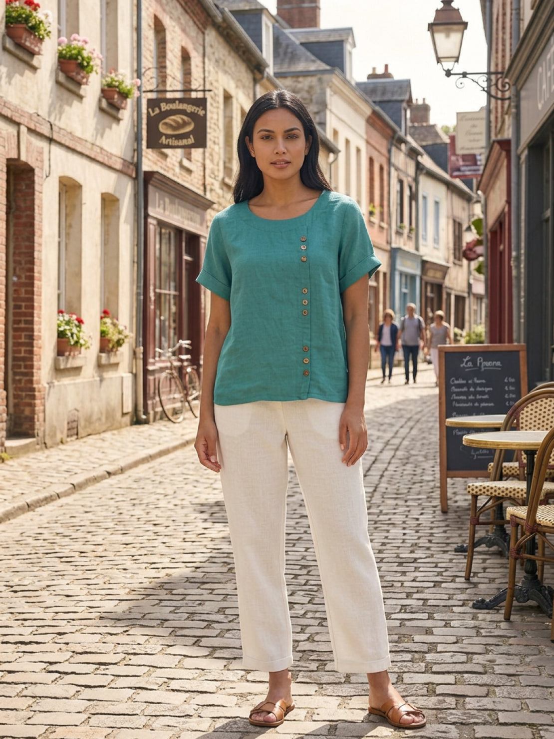 Women’s Short Sleeve Linen Blouse with Scoop Neck and Front Button Detail