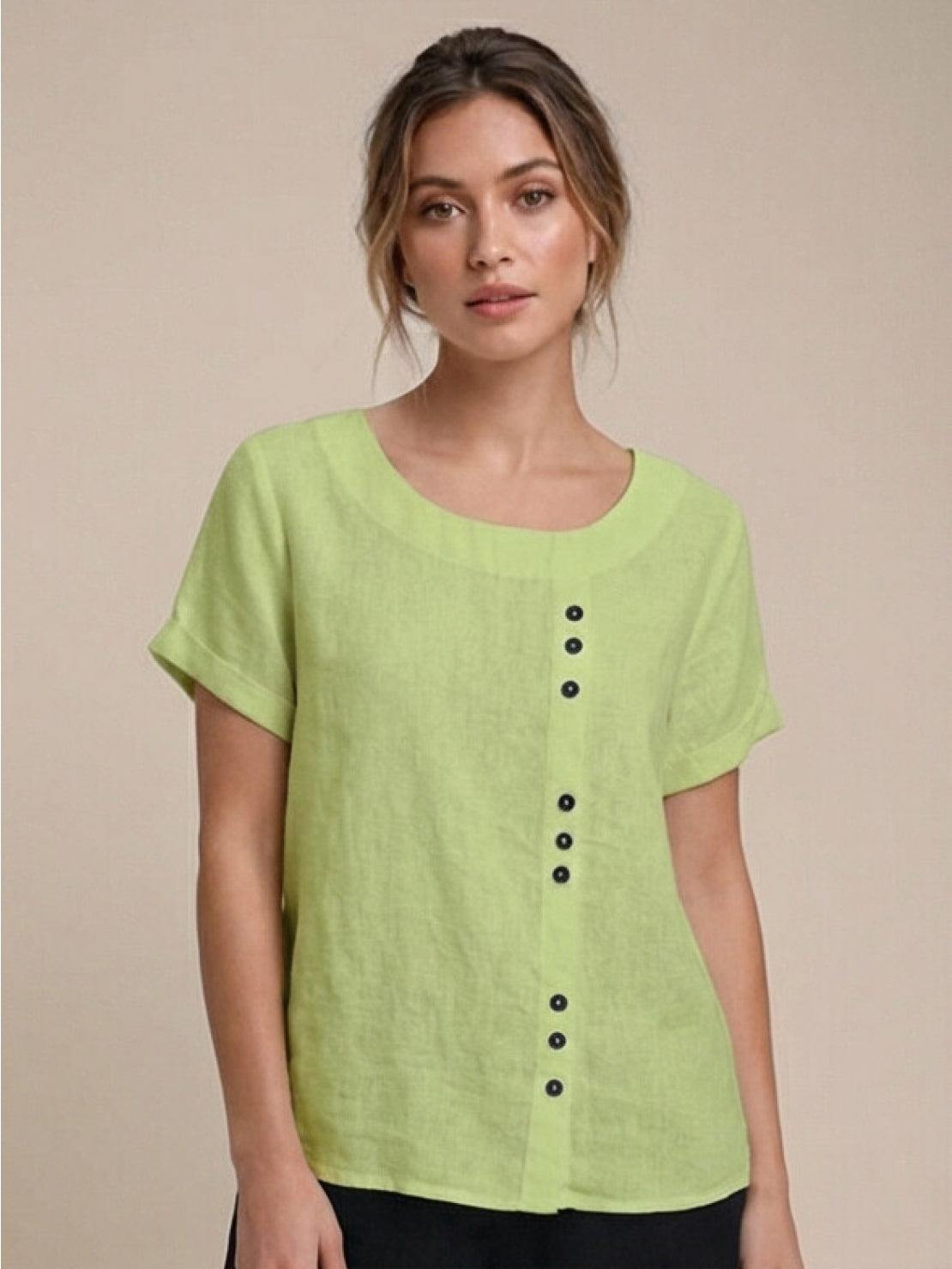 Women’s Short Sleeve Linen Blouse with Scoop Neck and Front Button Detail