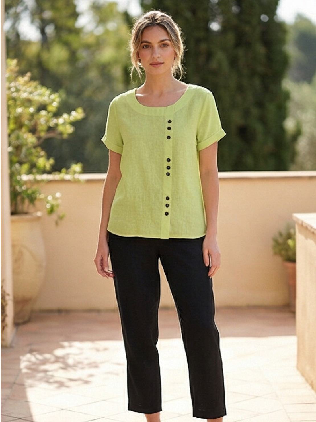 Women’s Short Sleeve Linen Blouse with Scoop Neck and Front Button Detail